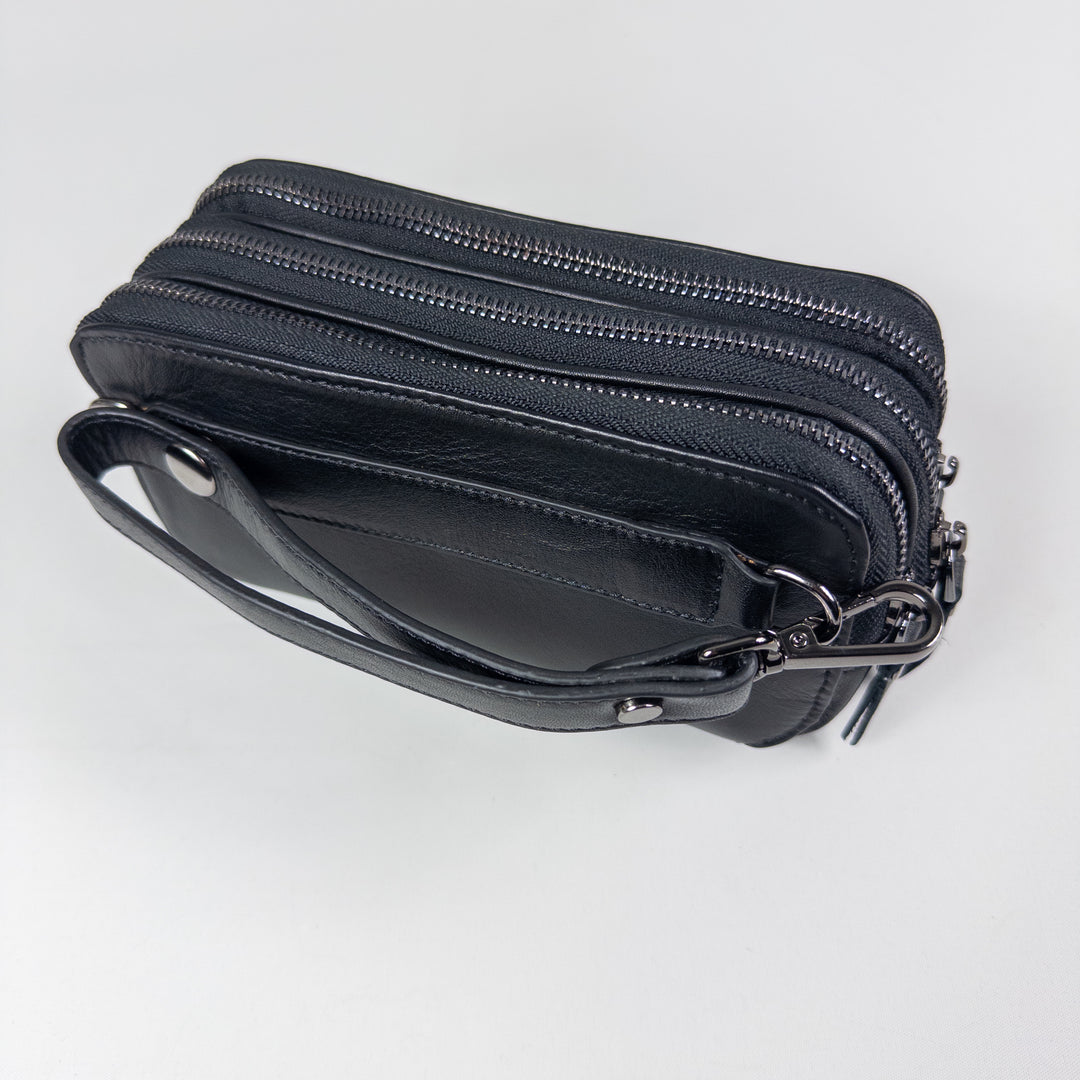 Barney Three Zippered Leather Handbag - Black
