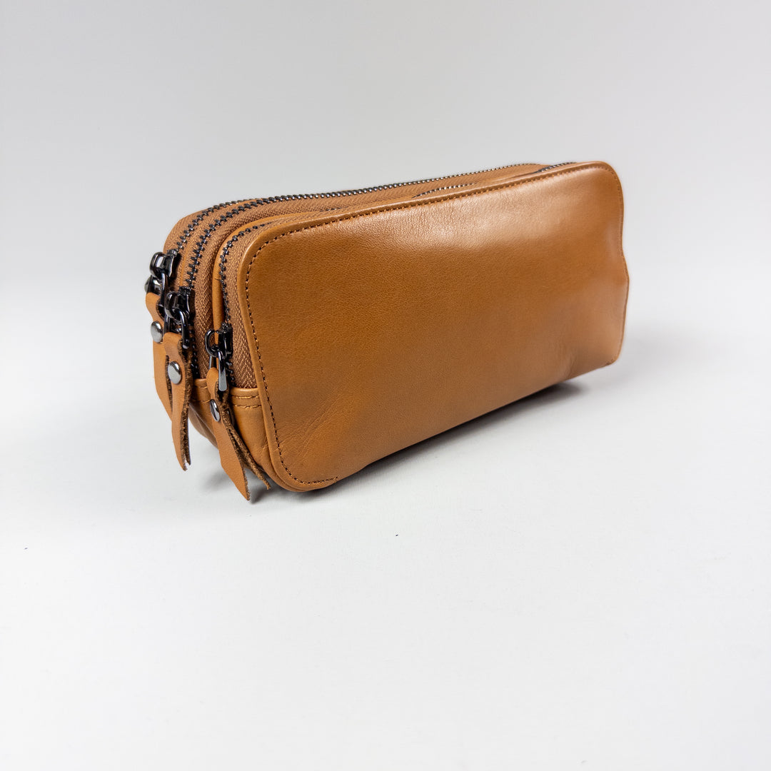 Barney Three Zippered Leather Handbag - Tan