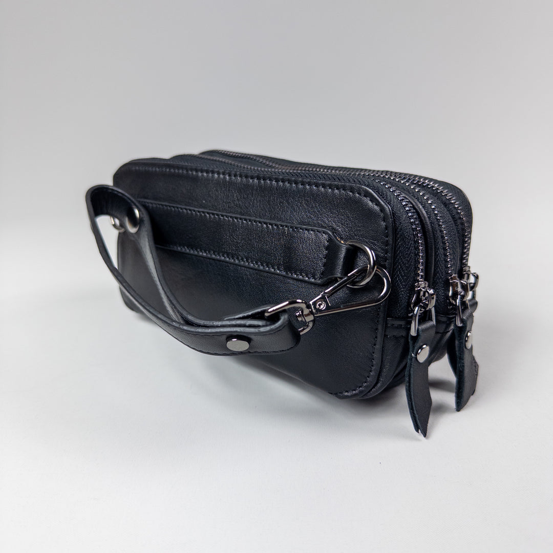 Barney Three Zippered Leather Handbag - Black
