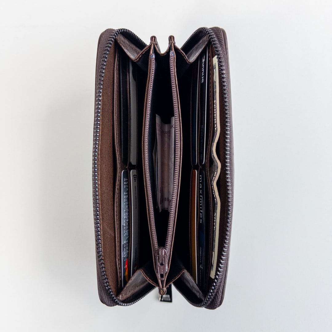 Ellen Zippered Leather Wallet - Brown