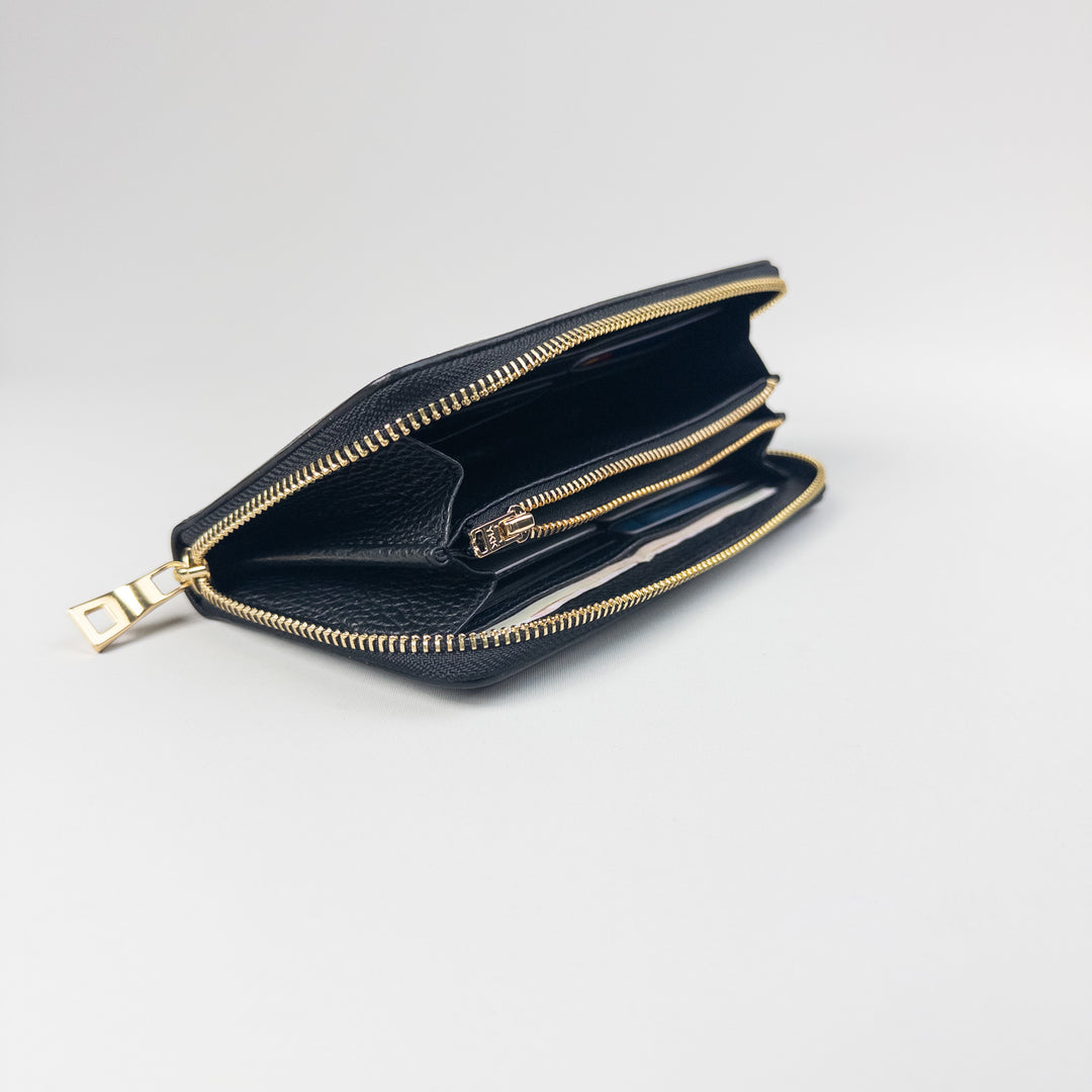 Ellen Gold Zippered Leather Wallet - Black